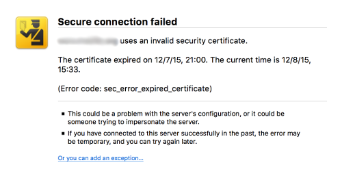 Example of a security certificate warning.