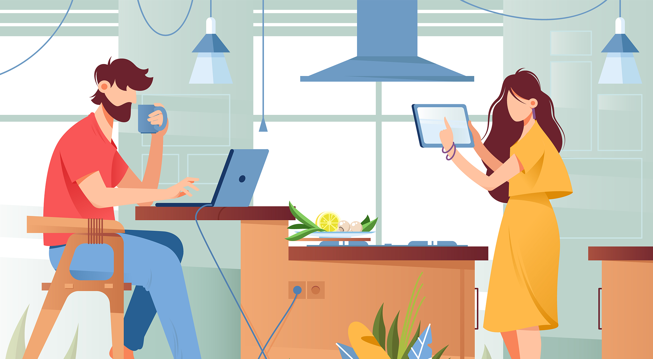 Illustration of couple working remotely from their home