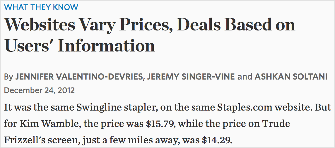 Screenshot of Wall Street Journal study: "Websites vary prices, deals based on users' information".
