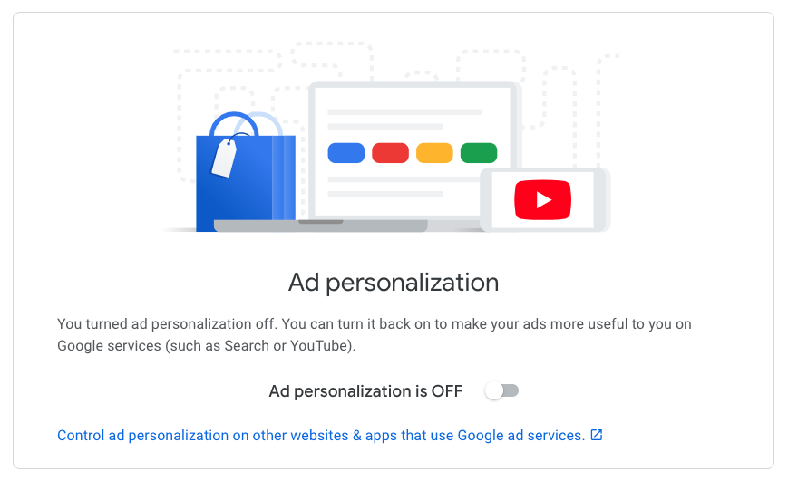 Screenshot showing how to disable Google's ad personalization.