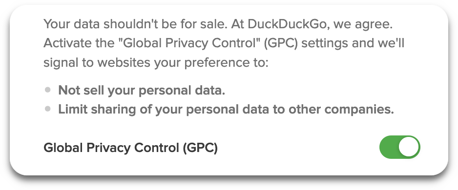 Screenshot showing the GPC setting enabled in the DuckDuckGo desktop extension.