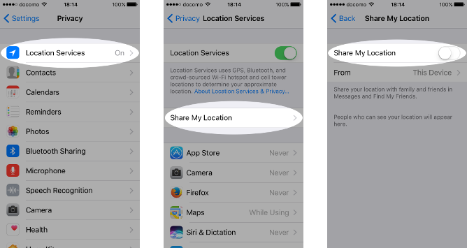 Screenshots of disabling location sharing on an iPhone.