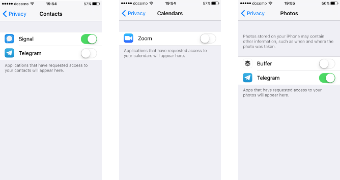 Screenshots of disabling app access to Calendar, Contacts and Photos on an iPhone.