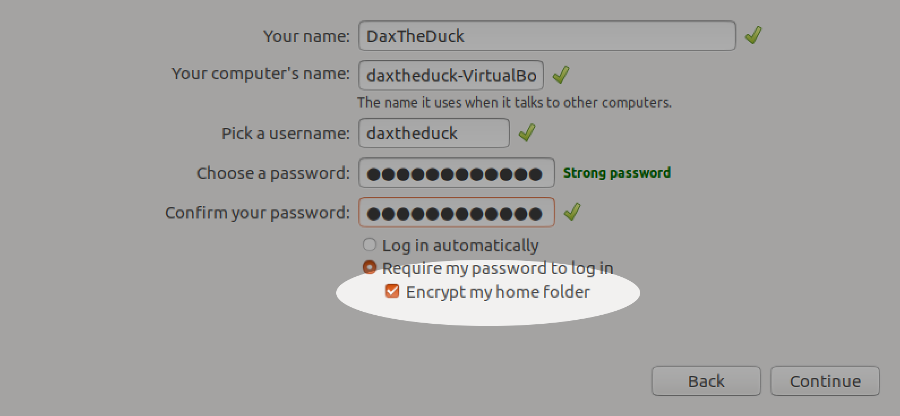 Screenshot showing home directory encryption on Linux