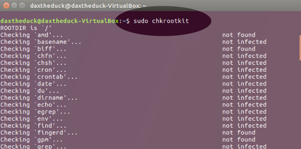 Screenshot showing the use of the 'chkrootkit' command on Linux