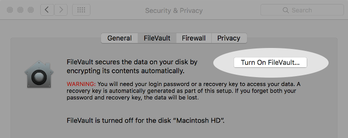 Screenshot showing FileVault button on macOS