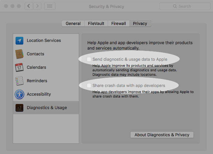 Screenshots of disabling diagnostic data sending in macOS.