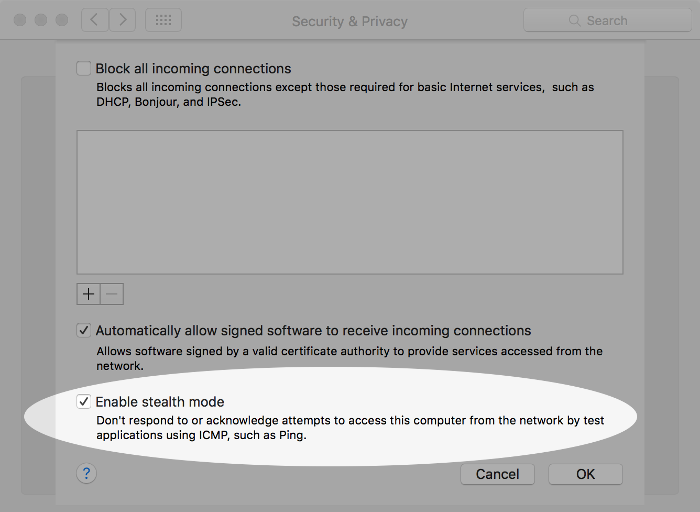 Screenshot of enabling stealth mode on macOS.