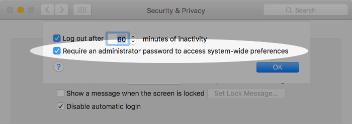 Screenshot of requiring an admin password on macOS.