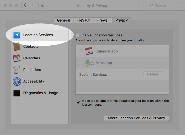 Screenshot of controlling location services on macOS.
