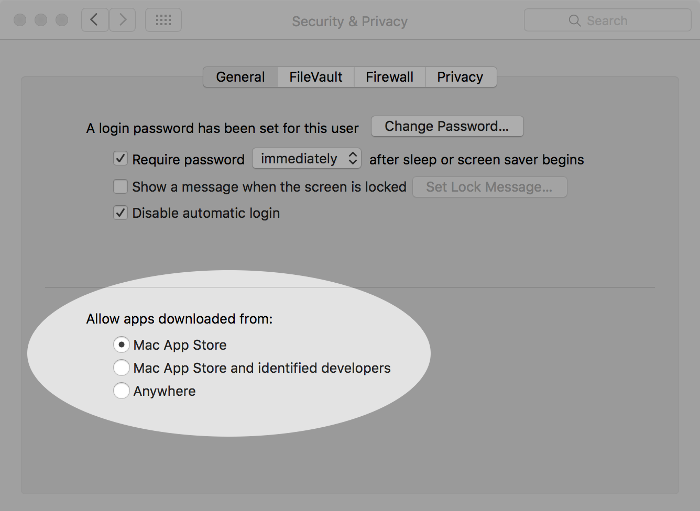 Screenshot of restricting app sources on macOS.