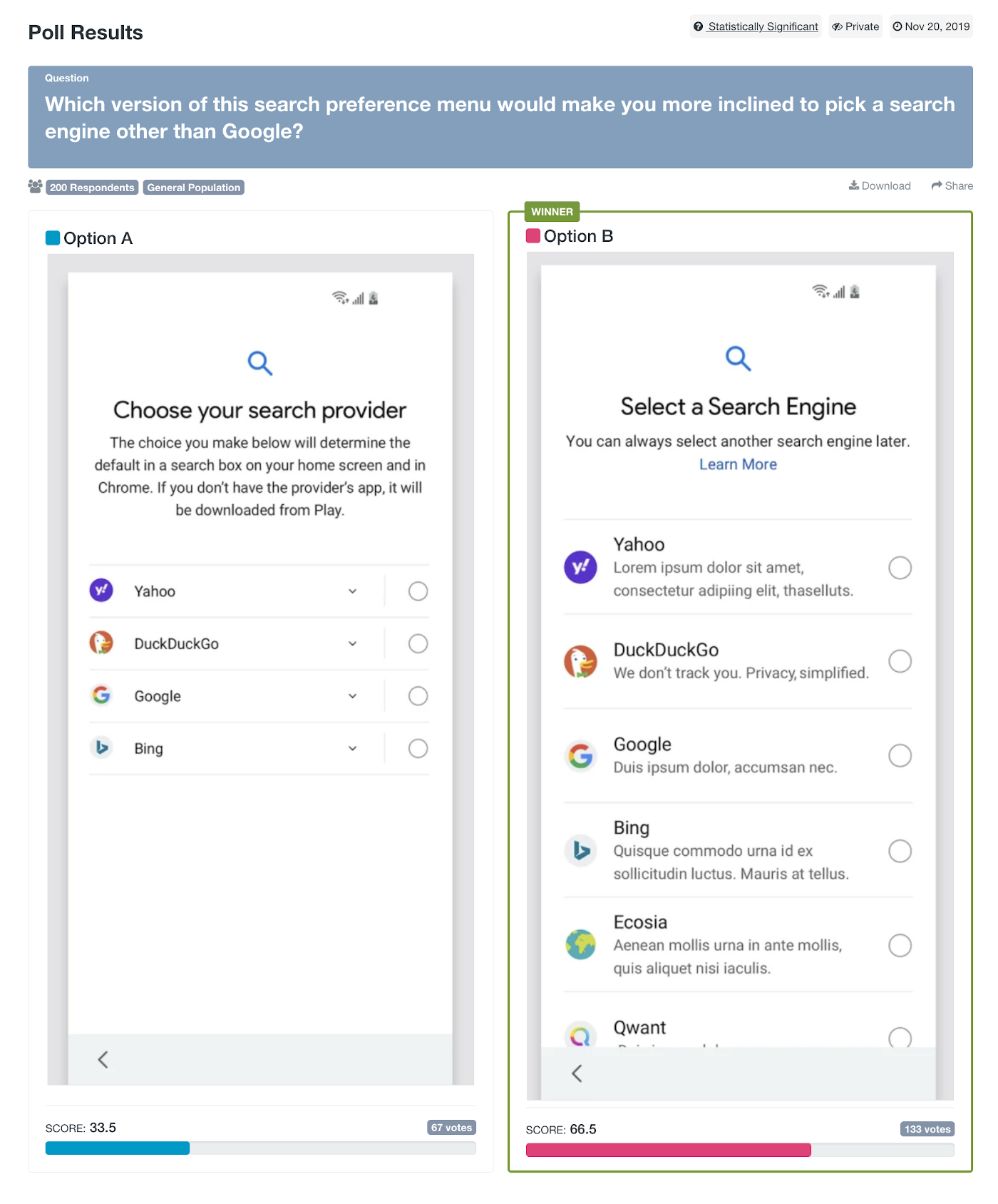 Screenshot showing user testing results of the original preference menu and the proposed menu by DuckDuckGo.