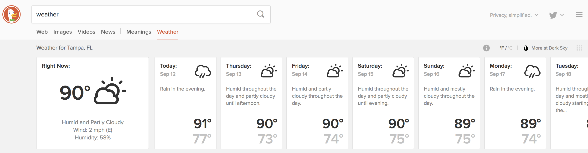 Screenshot of localized weather results from DuckDuckGo.