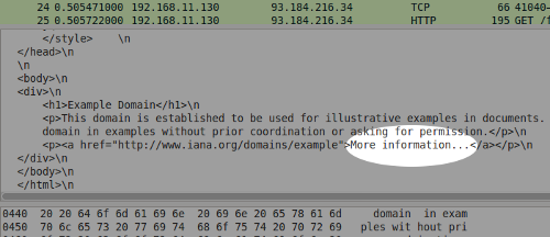 Wireshark screenshot showing plain text from example.com