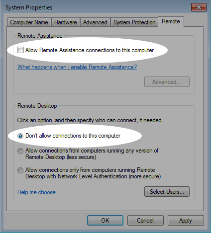Screenshot showing control of remote access in Windows 7