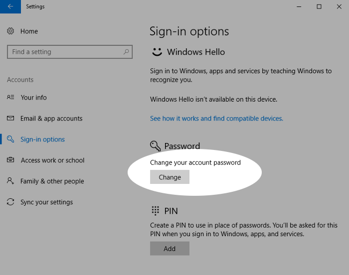Screenshot showing changing a Windows 10 account password