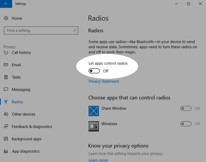 Screenshot showing disabling radios in Windows 10