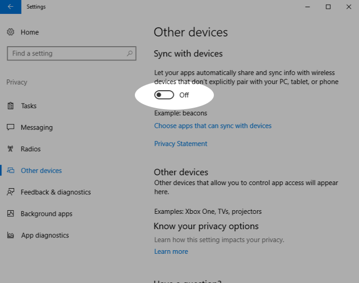 Screenshot showing disabling automatic sync in Windows 10