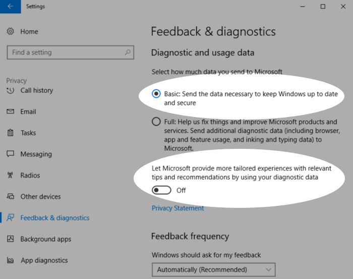 Screenshot showing control of data sent to Microsoft in Windows 10