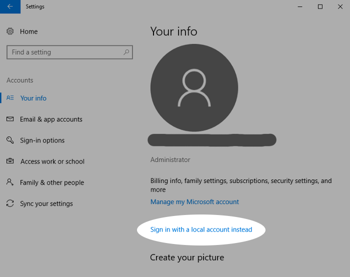 Screenshot showing use of a local account in Windows 10