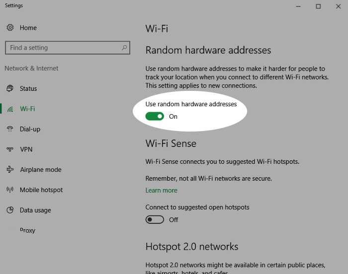 Screenshot showing enabling a random hardware address on Windows 10