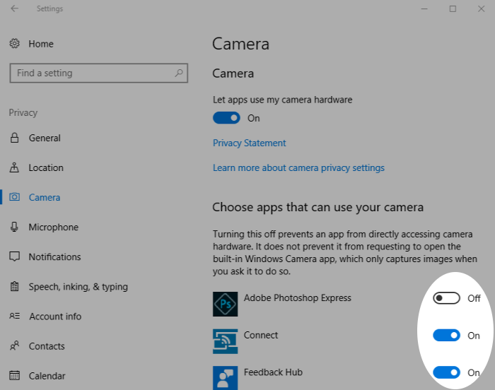 Screenshot showing camera access in Windows 10